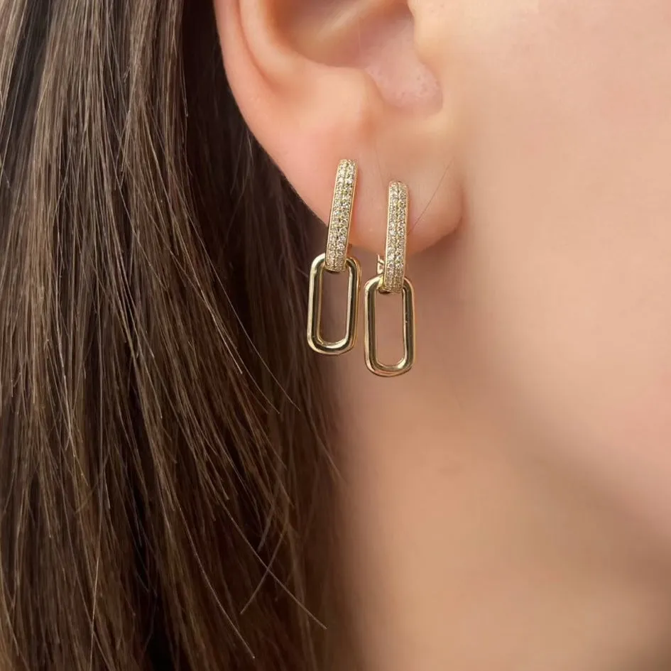 DOUBLE GOLD AND DIAMOND OVAL SHAPED DROP EARRINGS
