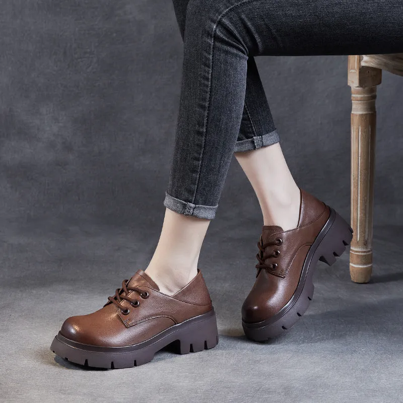 Women Retro Cowhide Leather Wedge Casual Shoes