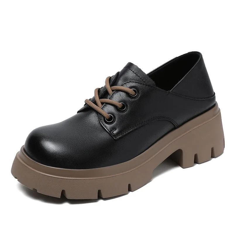 Women Retro Cowhide Leather Wedge Casual Shoes
