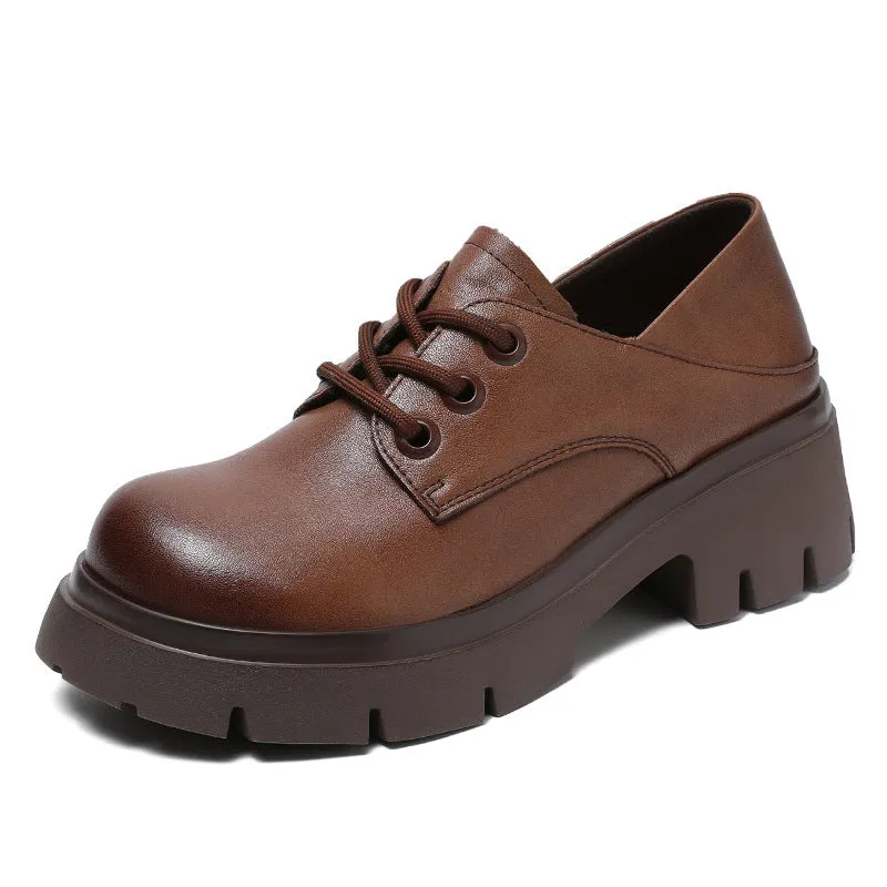 Women Retro Cowhide Leather Wedge Casual Shoes