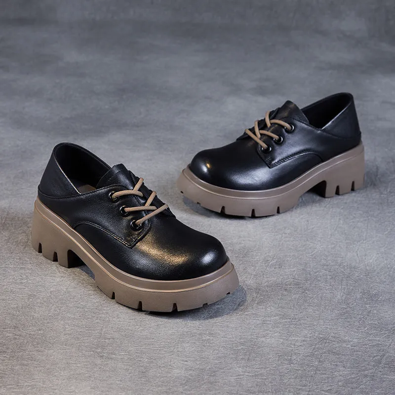 Women Retro Cowhide Leather Wedge Casual Shoes