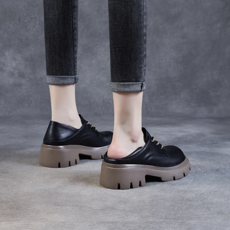Women Retro Cowhide Leather Wedge Casual Shoes